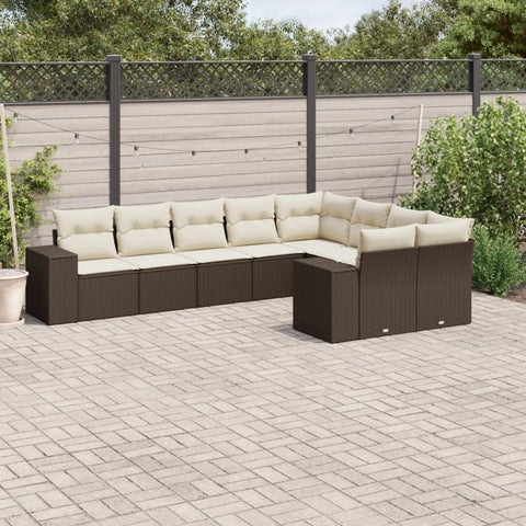 9-tlg. Garten-Sofagarnitur mit Kissen Braun Poly Rattan