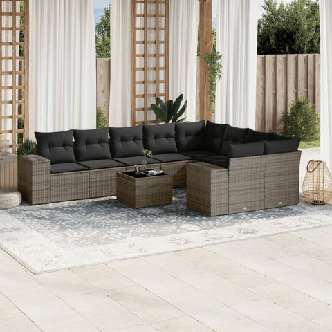 10-tlg. Garten-Sofagarnitur mit Kissen Grau Poly Rattan