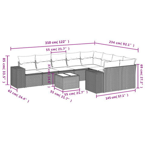 10-tlg. Garten-Sofagarnitur mit Kissen Braun Poly Rattan