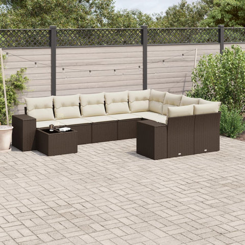 10-tlg. Garten-Sofagarnitur mit Kissen Braun Poly Rattan