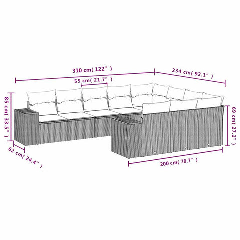 10-tlg. Garten-Sofagarnitur mit Kissen Braun Poly Rattan