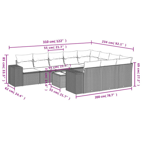 11-tlg. Garten-Sofagarnitur mit Kissen Schwarz Poly Rattan