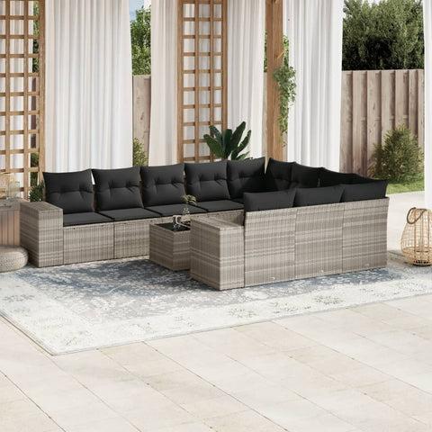 11-tlg. Garten-Sofagarnitur mit Kissen Hellgrau Poly Rattan