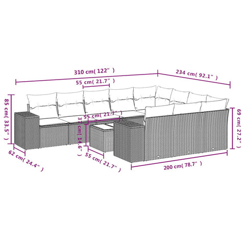 11-tlg. Garten-Sofagarnitur mit Kissen Braun Poly Rattan