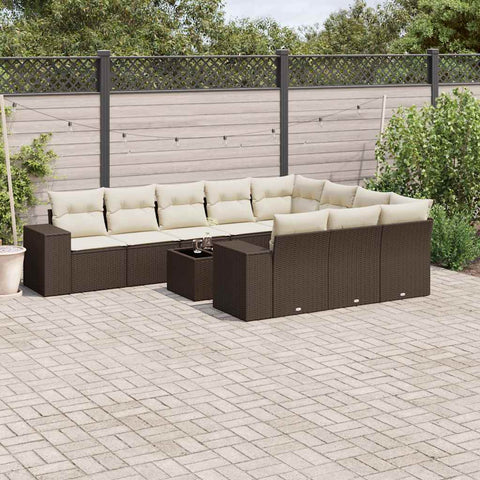 11-tlg. Garten-Sofagarnitur mit Kissen Braun Poly Rattan