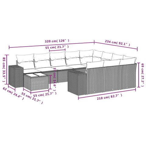 11-tlg. Garten-Sofagarnitur mit Kissen Grau Poly Rattan