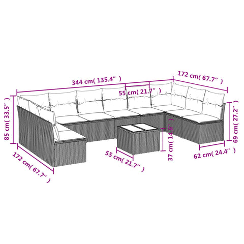 11-tlg. Garten-Sofagarnitur mit Kissen Hellgrau Poly Rattan