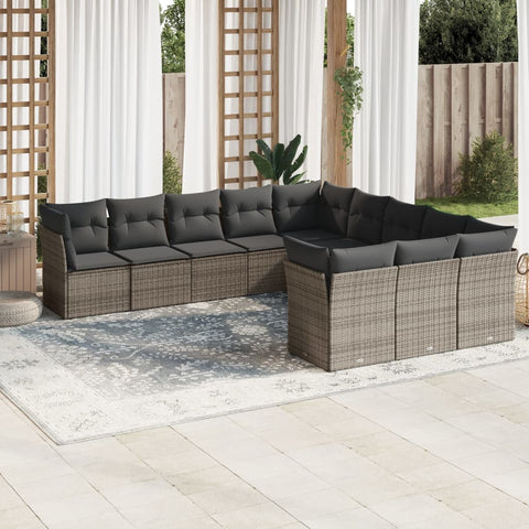 11-tlg. Garten-Sofagarnitur mit Kissen Grau Poly Rattan