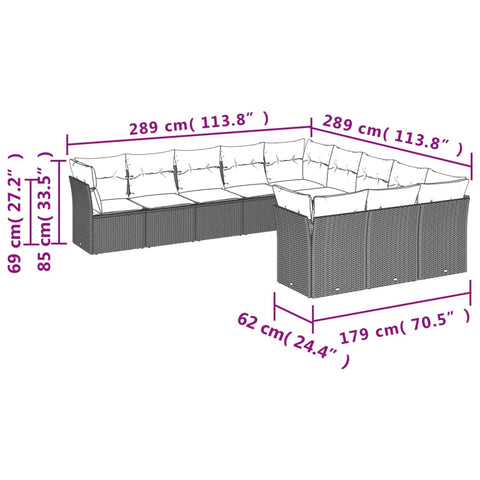 11-tlg. Garten-Sofagarnitur mit Kissen Hellgrau Poly Rattan