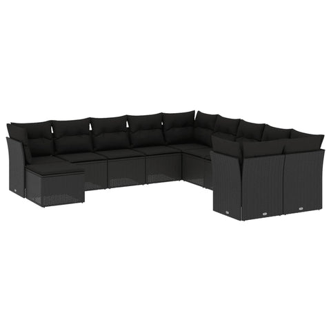 11-tlg. Garten-Sofagarnitur mit Kissen Schwarz Poly Rattan