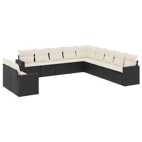 11-tlg. Garten-Sofagarnitur mit Kissen Schwarz Poly Rattan