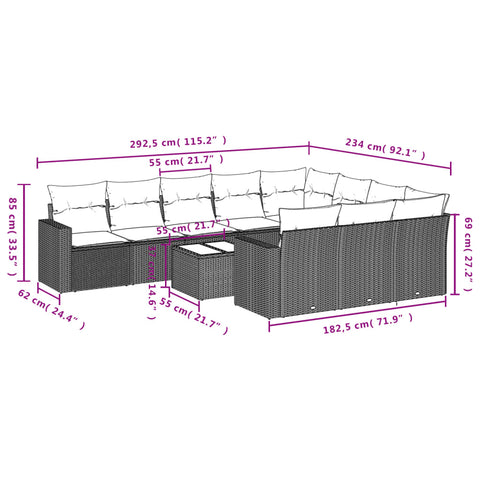 11-tlg. Garten-Sofagarnitur mit Kissen Hellgrau Poly Rattan