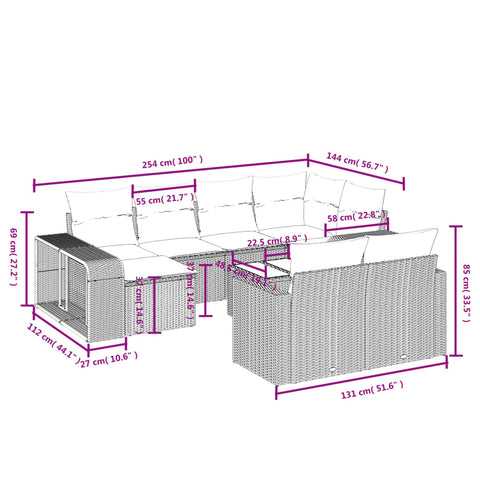 11-tlg. Garten-Sofagarnitur mit Kissen Hellgrau Poly Rattan