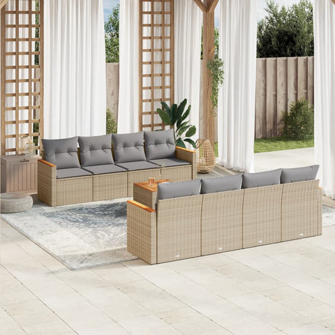 9-tlg. Garten-Sofagarnitur mit Kissen Beige Poly Rattan