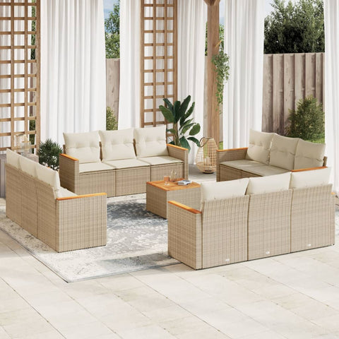 13-tlg. Garten-Sofagarnitur mit Kissen Beige Poly Rattan