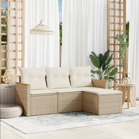 4-tlg. Garten-Sofagarnitur mit Kissen Beige Poly Rattan