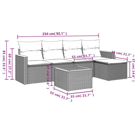 6-tlg. Garten-Sofagarnitur mit Kissen Beige Poly Rattan