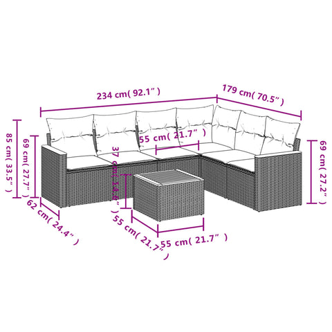 7-tlg. Garten-Sofagarnitur mit Kissen Grau Poly Rattan