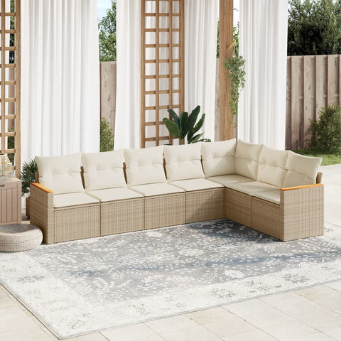 7-tlg. Garten-Sofagarnitur mit Kissen Beige Poly Rattan