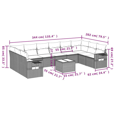 11-tlg. Garten-Sofagarnitur mit Kissen Hellgrau Poly Rattan