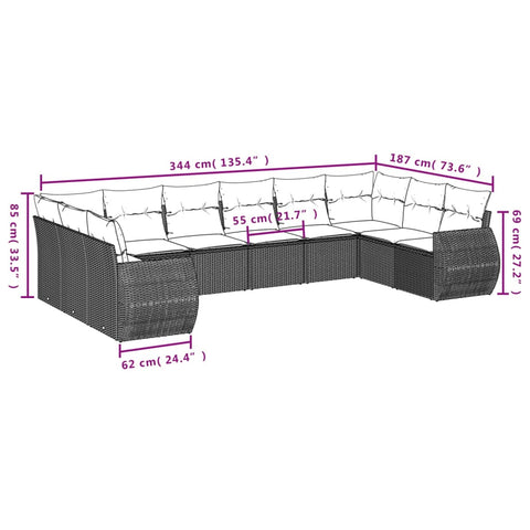 11-tlg. Garten-Sofagarnitur mit Kissen Hellgrau Poly Rattan