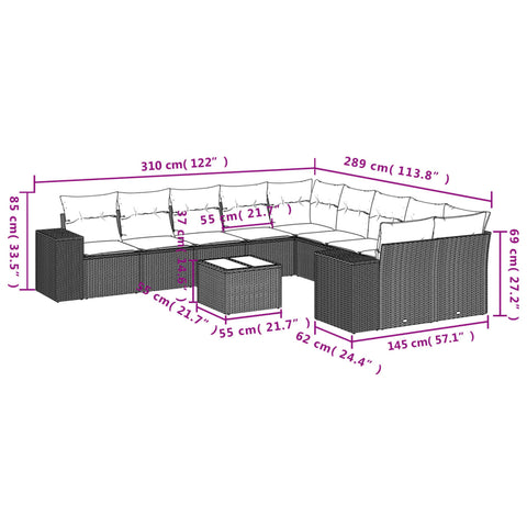 11-tlg. Garten-Sofagarnitur mit Kissen Hellgrau Poly Rattan