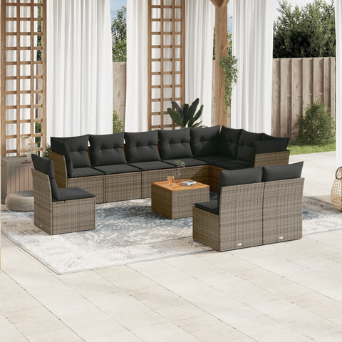 11-tlg. Garten-Sofagarnitur mit Kissen Grau Poly Rattan