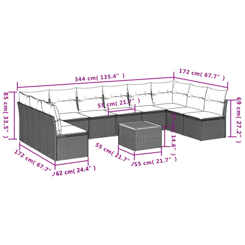 11-tlg. Garten-Sofagarnitur mit Kissen Grau Poly Rattan