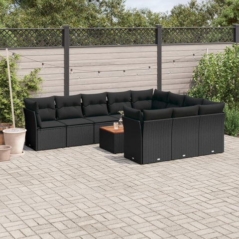 11-tlg. Garten-Sofagarnitur mit Kissen Schwarz Poly Rattan