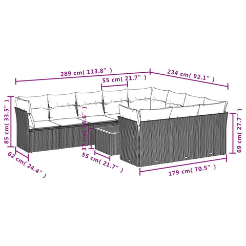 11-tlg. Garten-Sofagarnitur mit Kissen Grau Poly Rattan