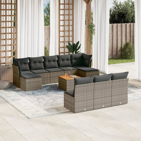 11-tlg. Garten-Sofagarnitur mit Kissen Grau Poly Rattan