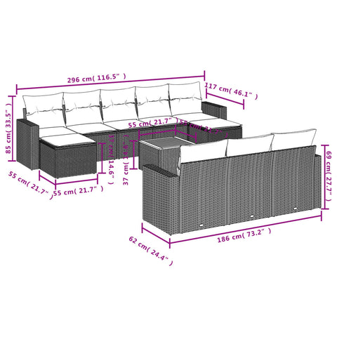 11-tlg. Garten-Sofagarnitur mit Kissen Grau Poly Rattan