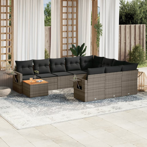 11-tlg. Garten-Sofagarnitur mit Kissen Grau Poly Rattan