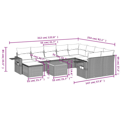 11-tlg. Garten-Sofagarnitur mit Kissen Grau Poly Rattan