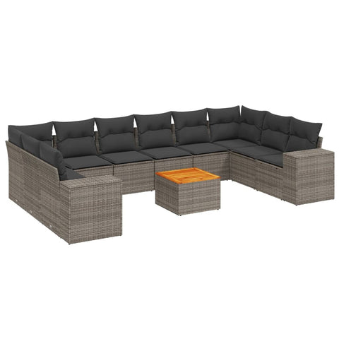 11-tlg. Garten-Sofagarnitur mit Kissen Grau Poly Rattan