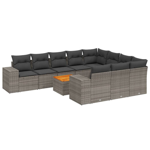 11-tlg. Garten-Sofagarnitur mit Kissen Grau Poly Rattan