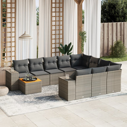 11-tlg. Garten-Sofagarnitur mit Kissen Grau Poly Rattan