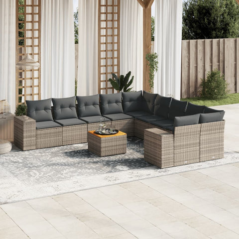 11-tlg. Garten-Sofagarnitur mit Kissen Grau Poly Rattan