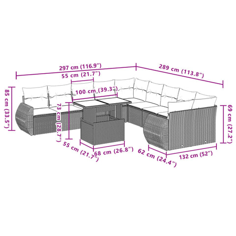 11-tlg. Garten-Sofagarnitur mit Kissen Grau Poly Rattan