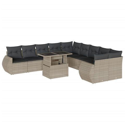 11-tlg. Garten-Sofagarnitur mit Kissen Hellgrau Poly Rattan