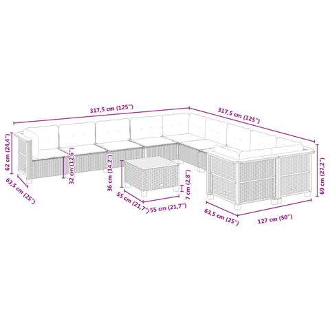 11-tlg. Garten-Sofagarnitur mit Kissen Grau Poly Rattan