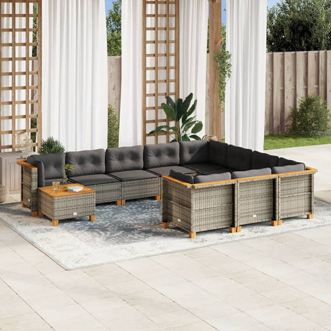 11-tlg. Garten-Sofagarnitur mit Kissen Grau Poly Rattan