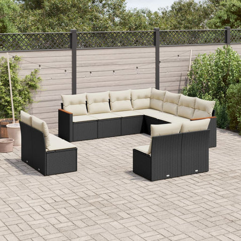 11-tlg. Garten-Sofagarnitur mit Kissen Schwarz Poly Rattan