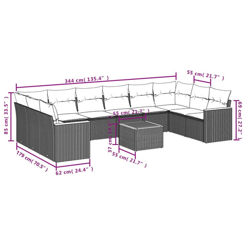 11-tlg. Garten-Sofagarnitur mit Kissen Grau Poly Rattan