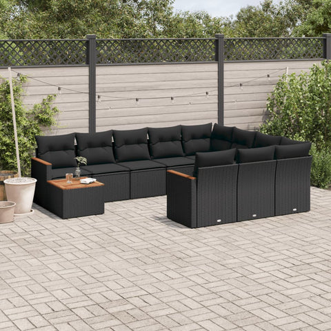 11-tlg. Garten-Sofagarnitur mit Kissen Schwarz Poly Rattan