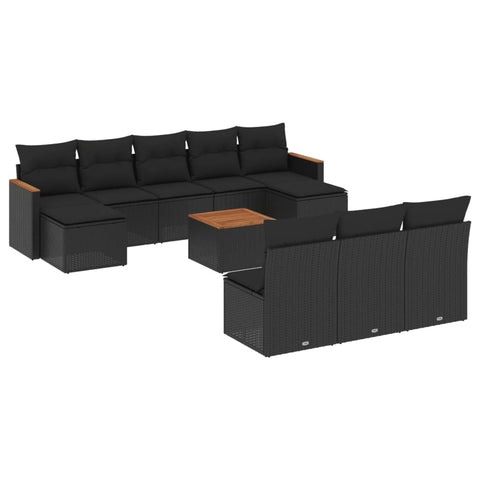 11-tlg. Garten-Sofagarnitur mit Kissen Schwarz Poly Rattan