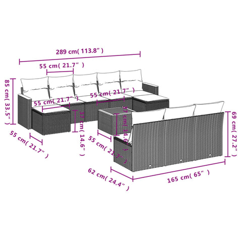 11-tlg. Garten-Sofagarnitur mit Kissen Grau Poly Rattan