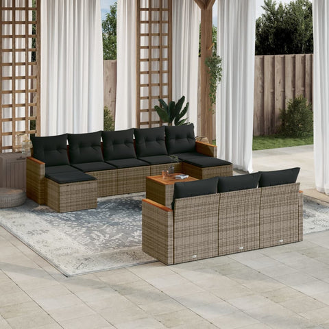 11-tlg. Garten-Sofagarnitur mit Kissen Grau Poly Rattan