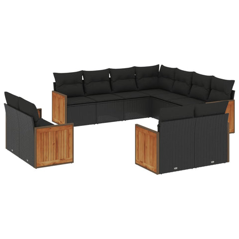 11-tlg. Garten-Sofagarnitur mit Kissen Schwarz Poly Rattan