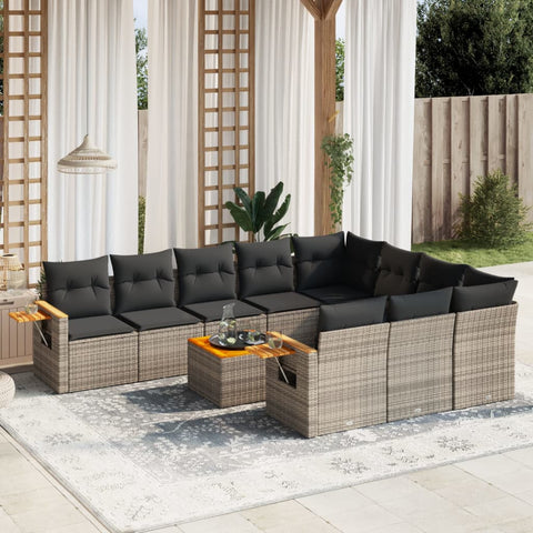 11-tlg. Garten-Sofagarnitur mit Kissen Grau Poly Rattan